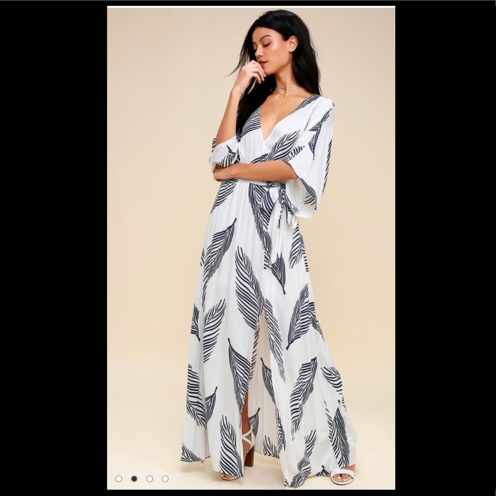 White and Navy Blue Leaf Print Maxi Dress